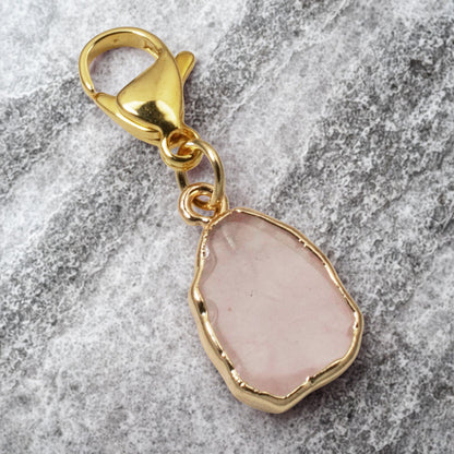 Rose Quartz Clip On Charm, Gold Edged Pink Crystal for Bag, Jewelry Accessory