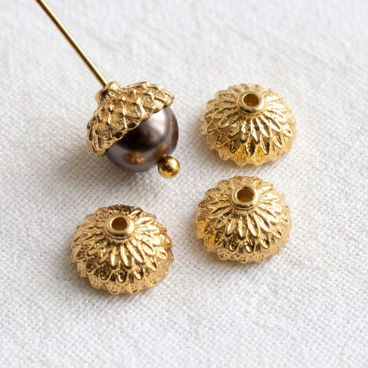 Gold Acorn Bead Caps, 24K Plated TierraCast Design for Autumn Jewelry 4-Pack