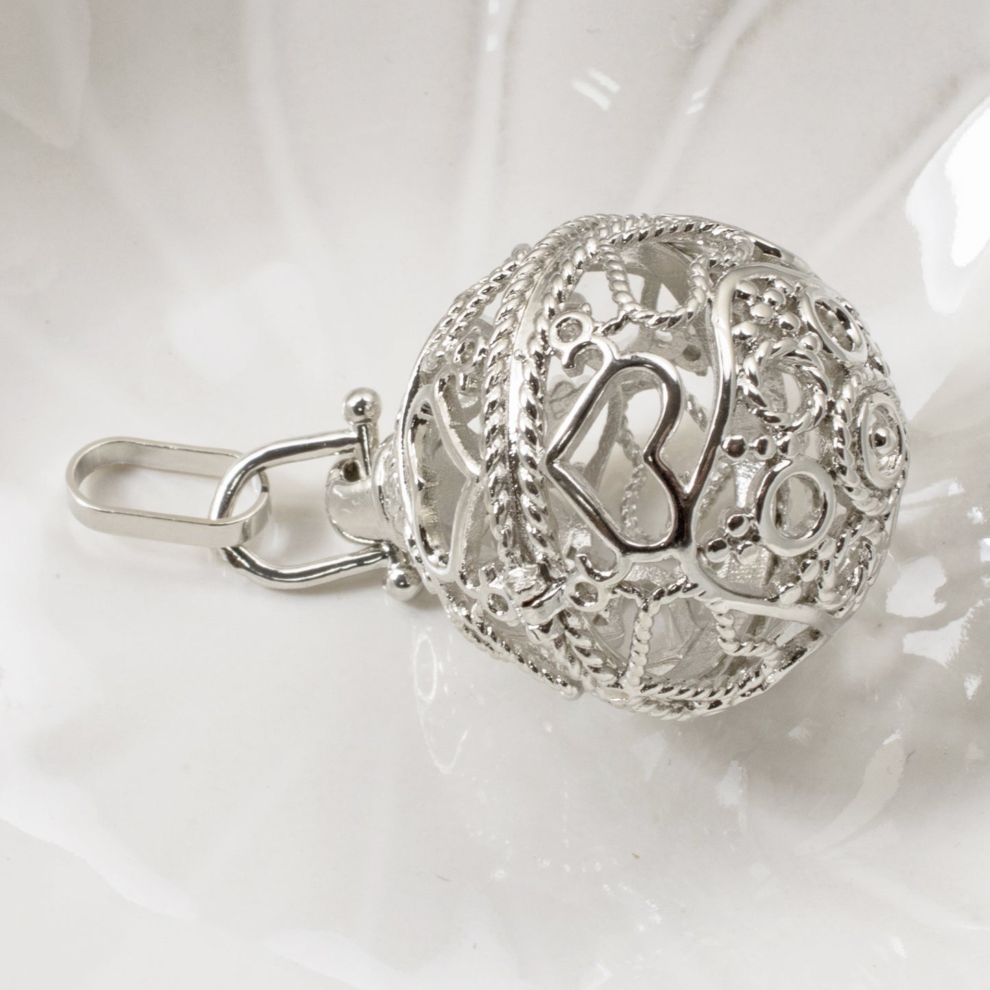 Silver Cage Pendant + Heart Design - Hollow Round Locket - Gemstone or Bead Holder