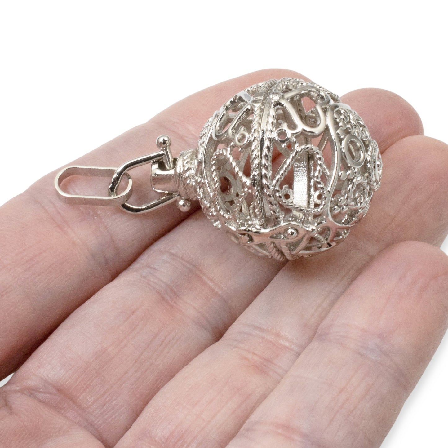 Silver Cage Pendant + Heart Design - Hollow Round Locket - Gemstone or Bead Holder