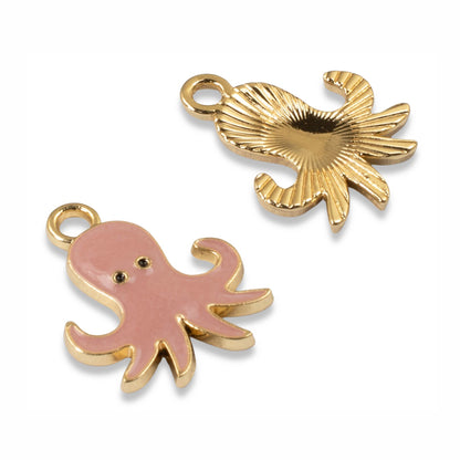 6 Pink Enamel Octopus Charms - Whimsical Pendants for Sea Life Jewelry & Crafts