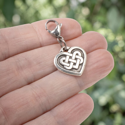Silver Celtic Knot Heart Clip-on Charm, Elegant Bag, Journal, Jewelry Accessory