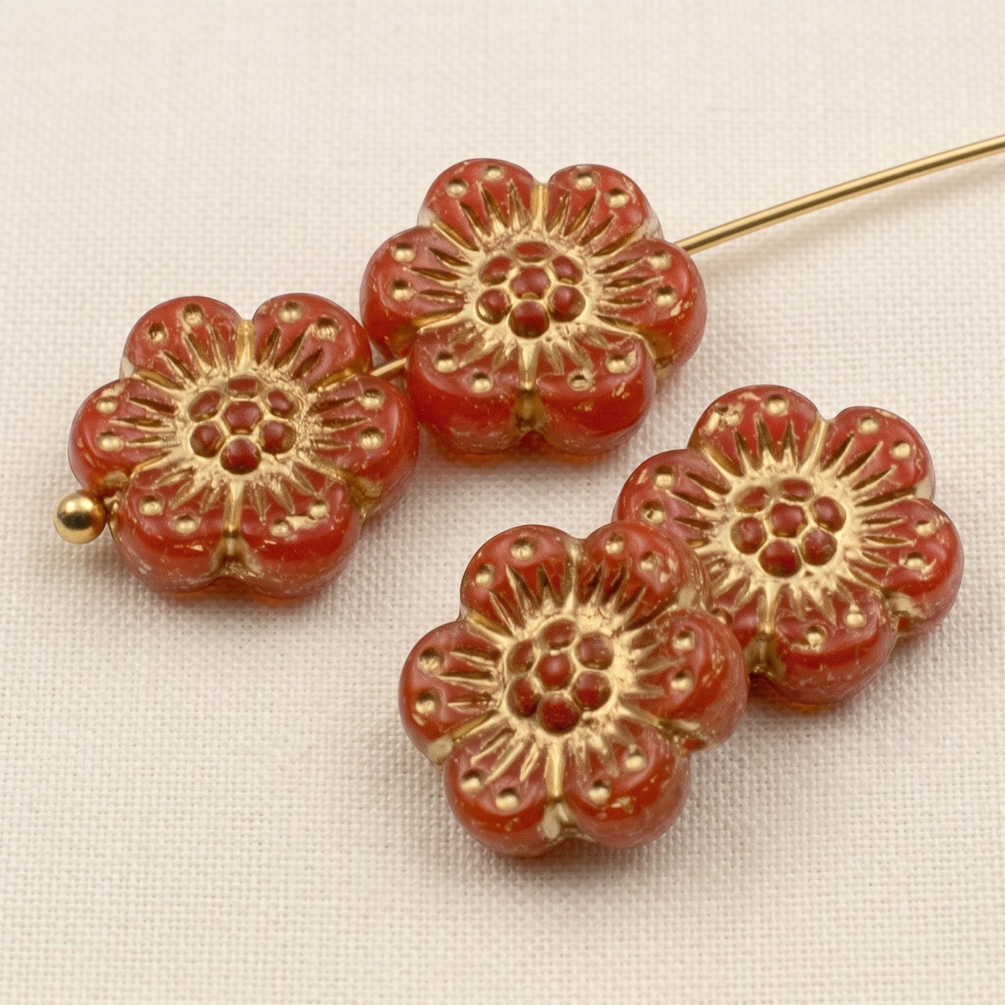 Wild Rose Czech Glass Beads, 8-Pack Burnt Orange Opaline Gold Wash, Flower Beads