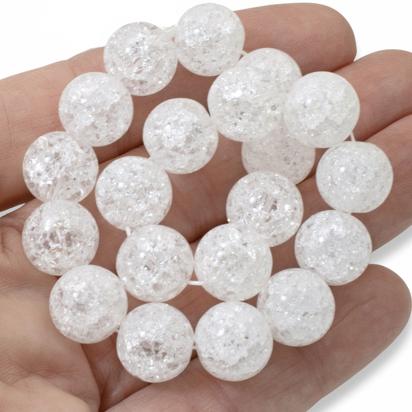 Large Winter Beads, 20-Pack White Crackle Glass 12mm, Bold Holiday Ornament DIY