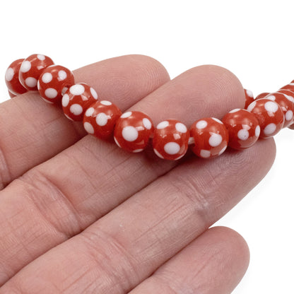 Red with White Dots Lampwork Glass Beads, Handmade Indonesian, 8mm 17" Strand