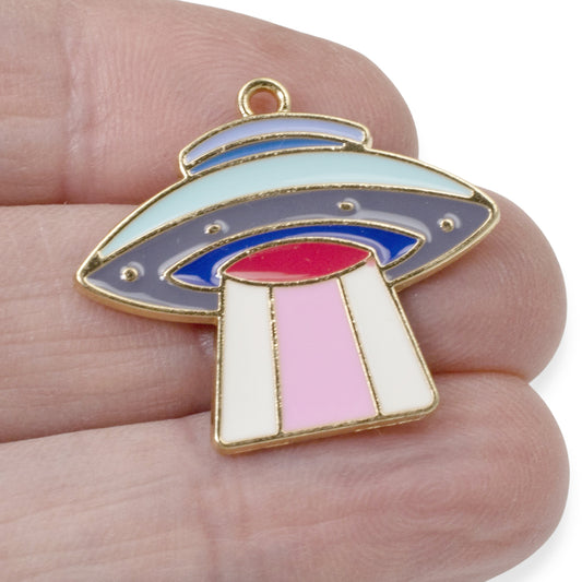 5 UFO Enamel Spaceship Pendants, Colorful Sci-Fi Charms for Space-Themed Crafts