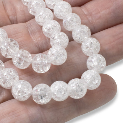 White 8mm Round Glass Crackle Beads, 15" Strand for Jewelry Making