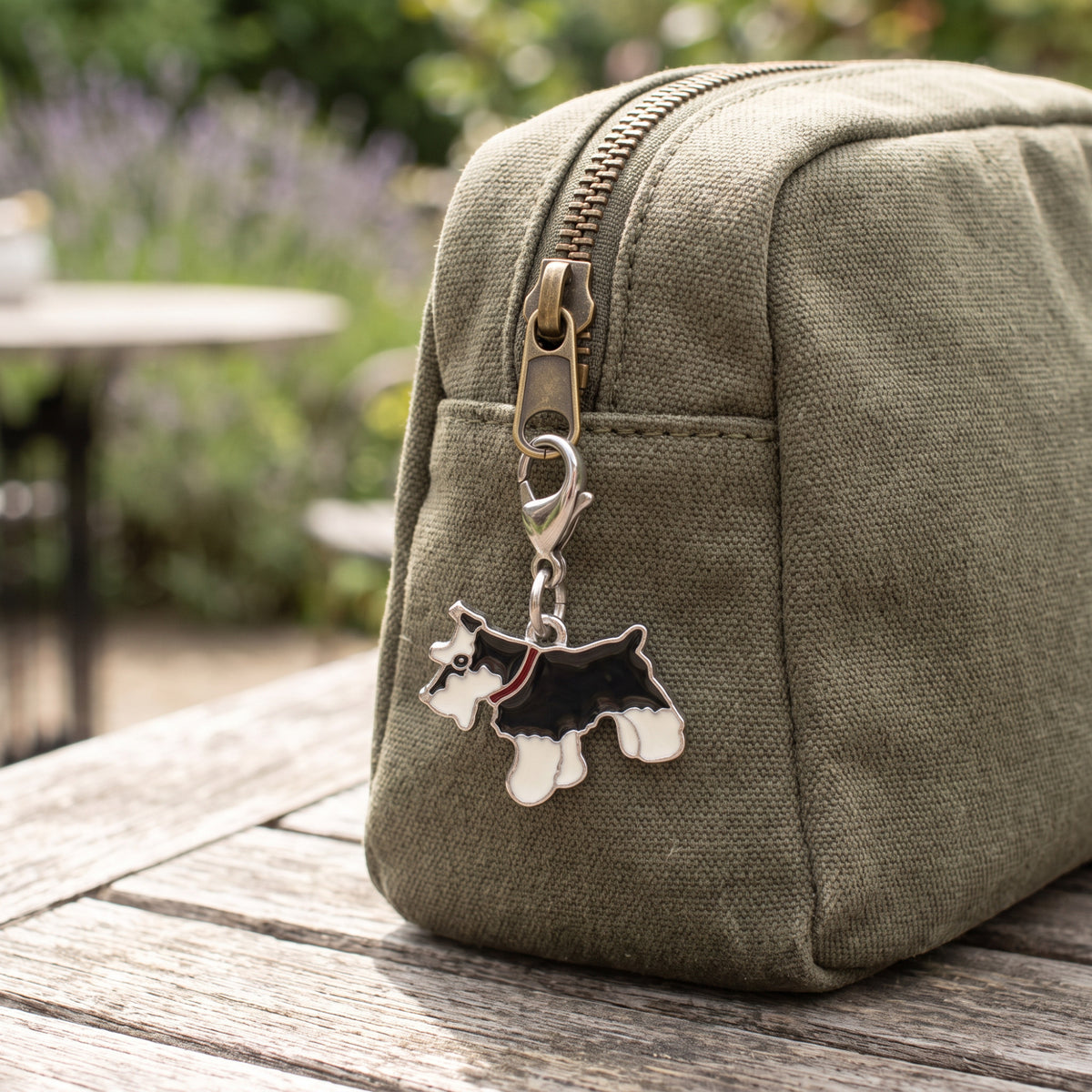 Schnauzer Dog Clip-On Charm, Black and White Enamel, Lobster Clasp Bag Accent