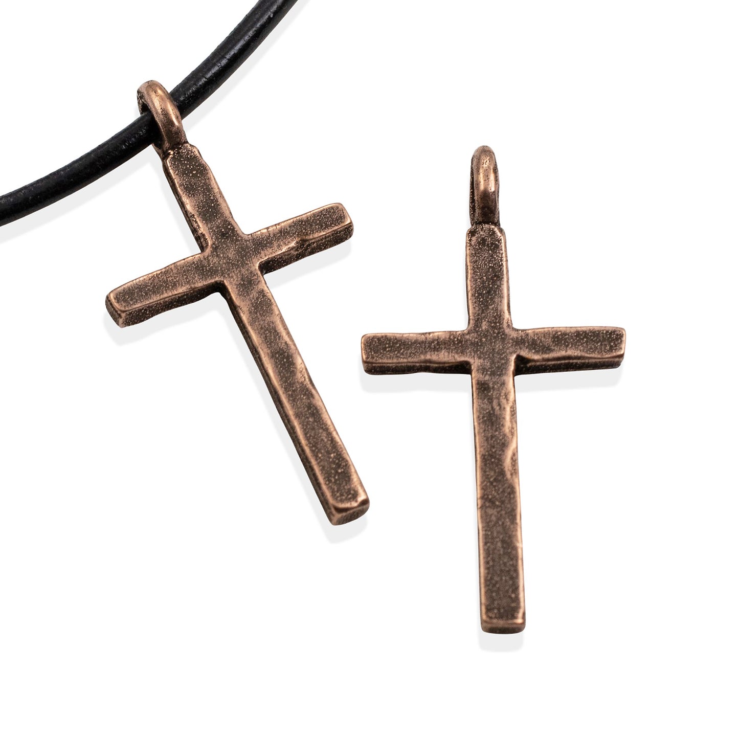 Large Hammered Cross Pendants: 2-Pc Antique Copper-Plated 34mm Religious Charms