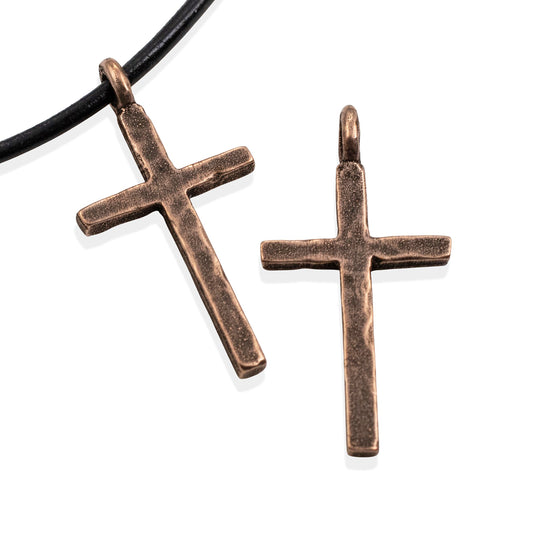 Large Hammered Cross Pendants: 2-Pc Antique Copper-Plated 34mm Religious Charms