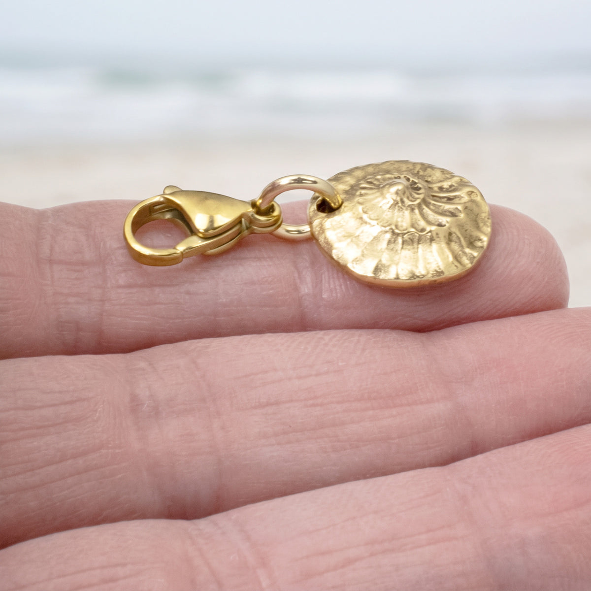 Gold Spiral Shell Clip-On Charm, 24k Gold Plated Pewter, Lobster Clasp
