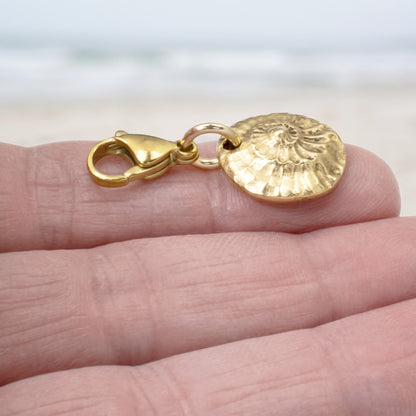 Gold Spiral Shell Clip-On Charm, 24k Gold Plated Pewter, Lobster Clasp