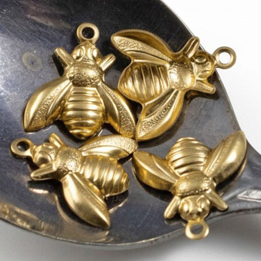 6 Bumble Bee Charms Brass Earring Drops Cottagecore Vintaj Findings