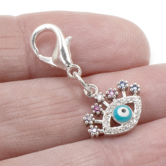 Evil Eye Clip-on Charm, Silver + Micro Pave CZ Accents & Lobster Clasp