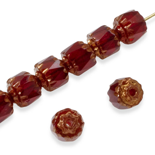 25 Faceted 6mm Crown Cathedral Beads - Garnet Red + Bronze Ends - Czech Glass