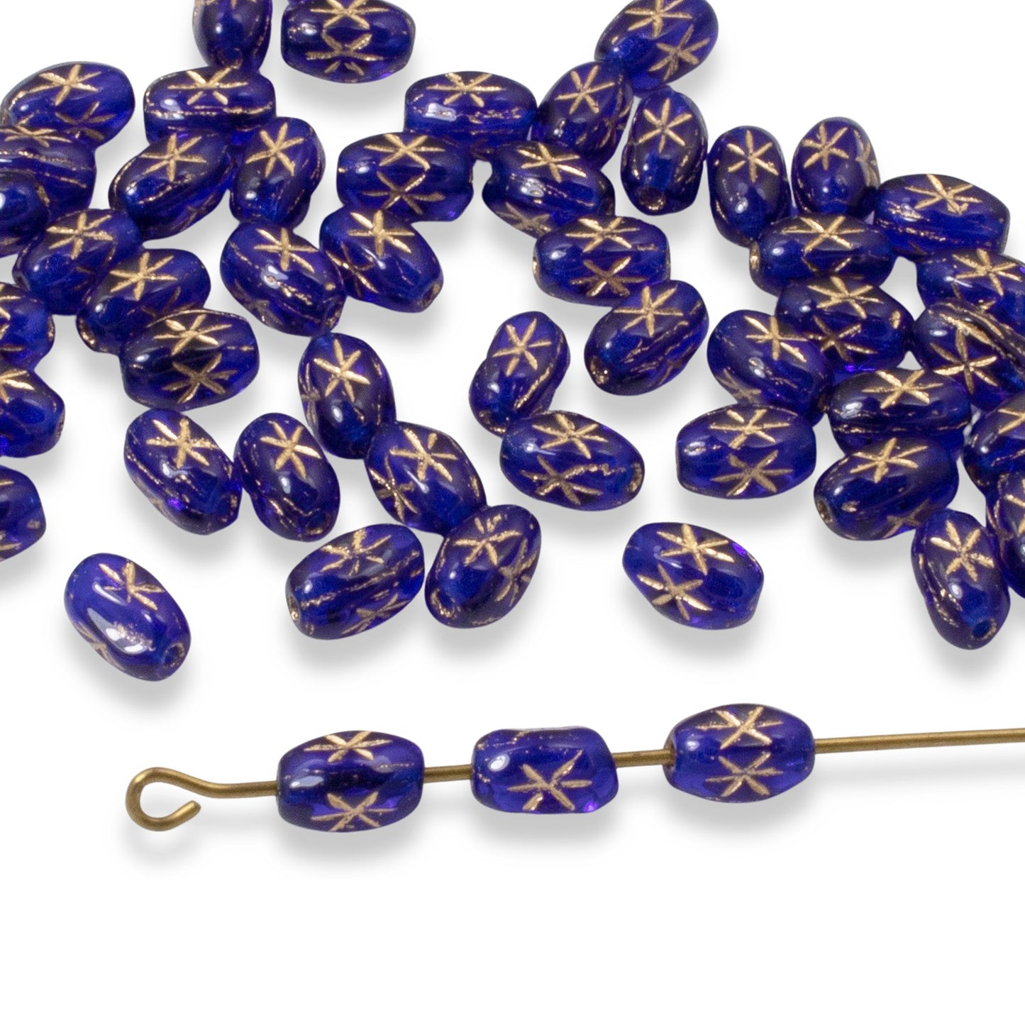 100pcs Cobalt Blue Czech Glass Rice Beads, 6x4mm, Gold Celestial Star Design