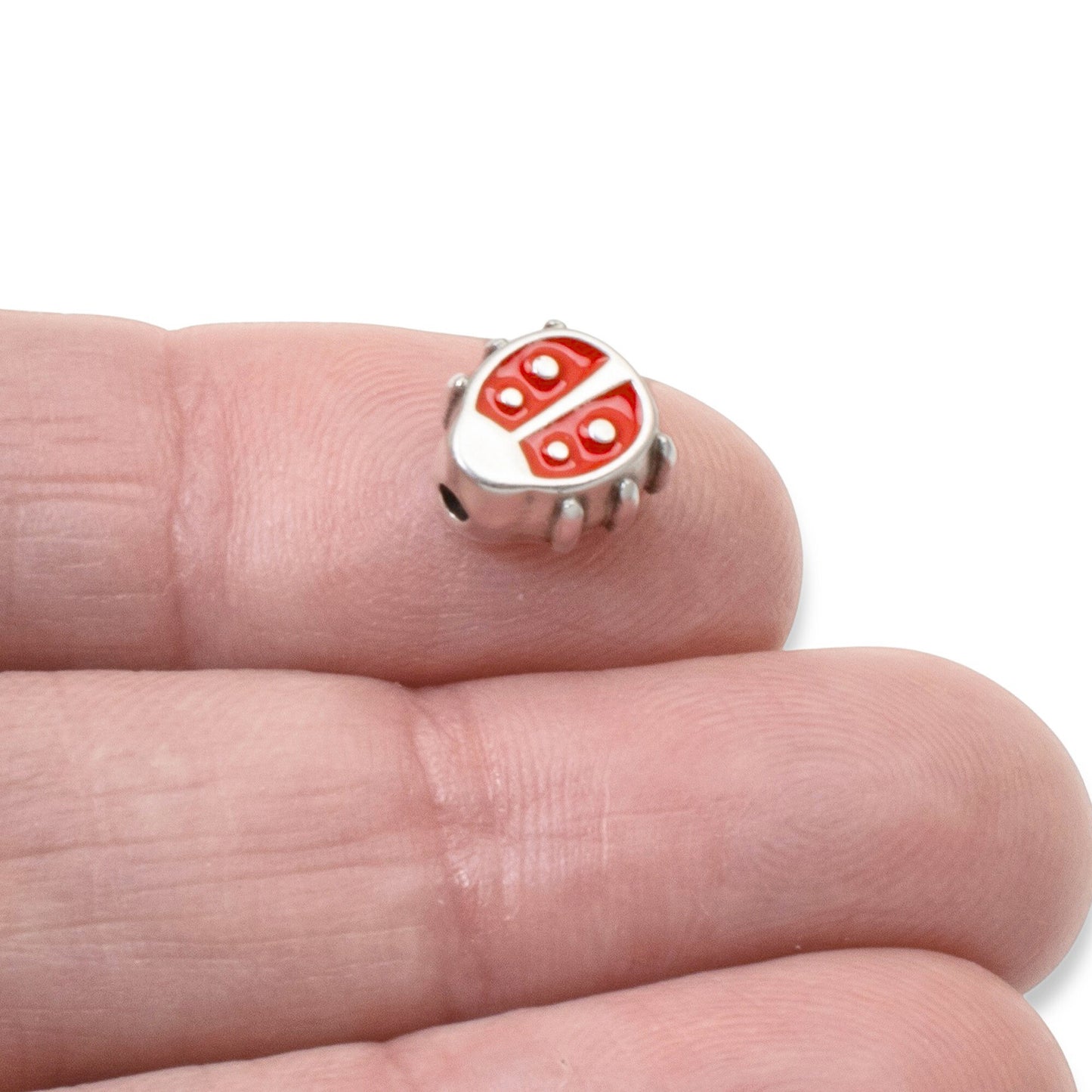 Red Enamel Ladybug Beads, 2Pc Fine Silver Plated, Spring Garden Nature Jewelry