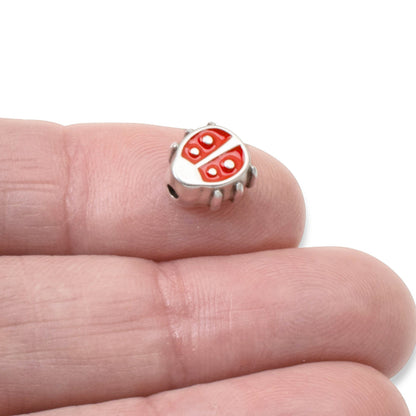 Red Enamel Ladybug Beads, 2Pc Fine Silver Plated, Spring Garden Nature Jewelry