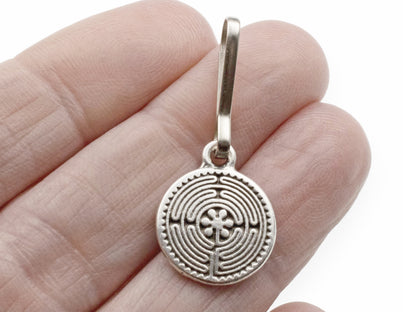 Labyrinth Zipper Charm, Pewter Bag Accessory, Keychain Maze Symbol Clip-on