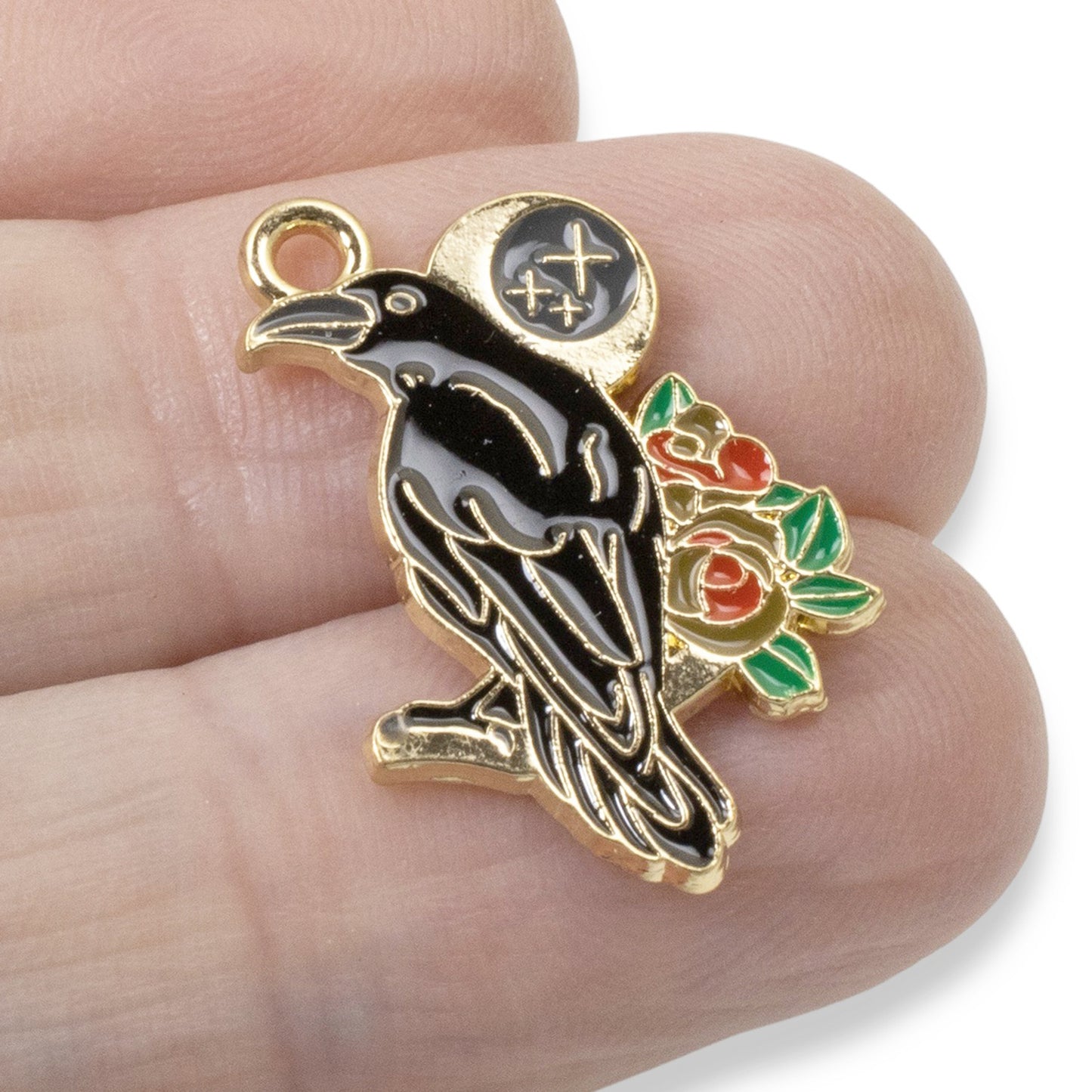 Black Raven + Moon & Rose Charms - 4-Pack Gothic Enamel Pendants for DIY Jewelry