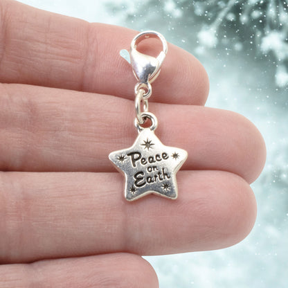 Silver Peace on Earth Clip-On Charm, Christmas Holiday, Spiritual Jewelry Gift