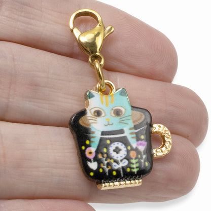 Whimsical Gold-Plated Enamel Cat in Teacup Charm - Clip-on Handbag Accessory