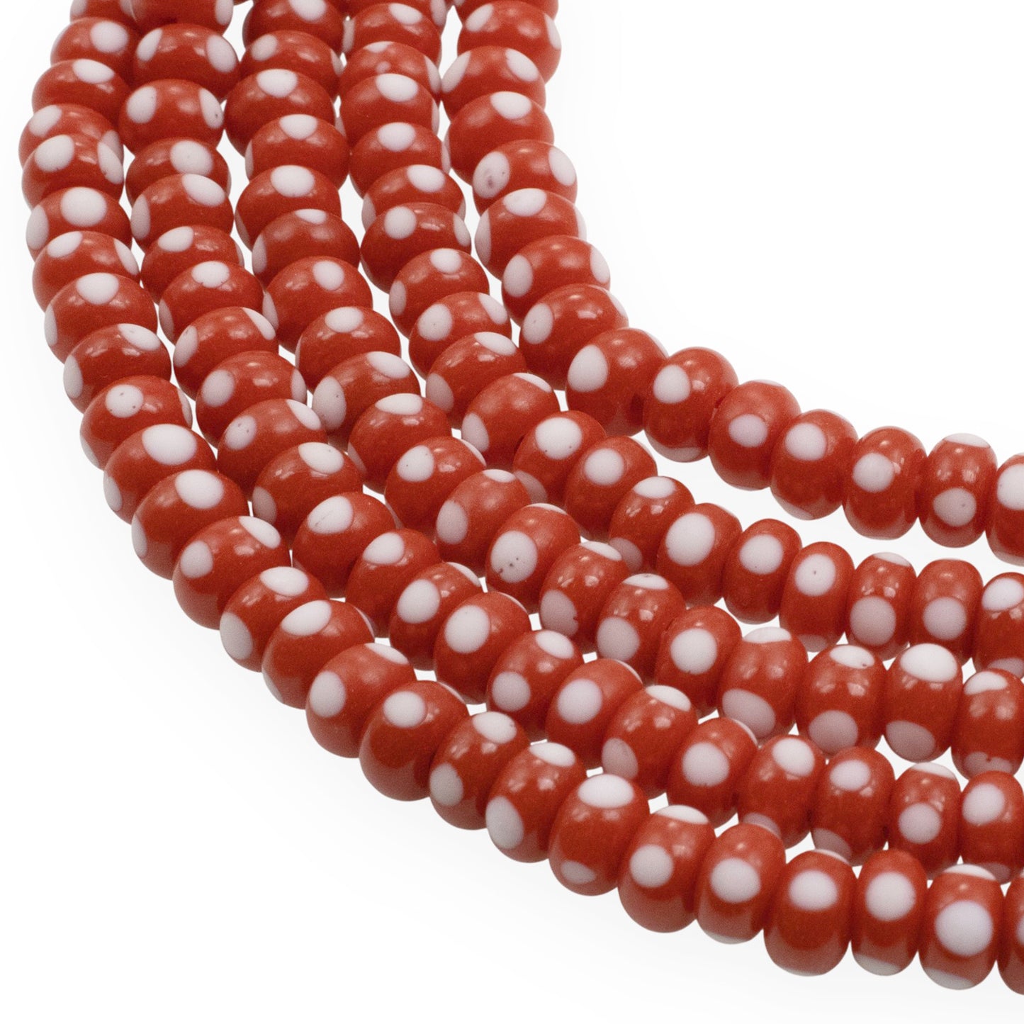 Red with White Dots Rondelle Lampwork Glass Beads, Handmade Indonesian, 8mm 17" Strand