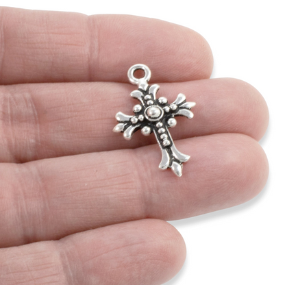 Fleur Cross Charms: Antique Silver Faith Necklace Rosary Pendant 2-Pack
