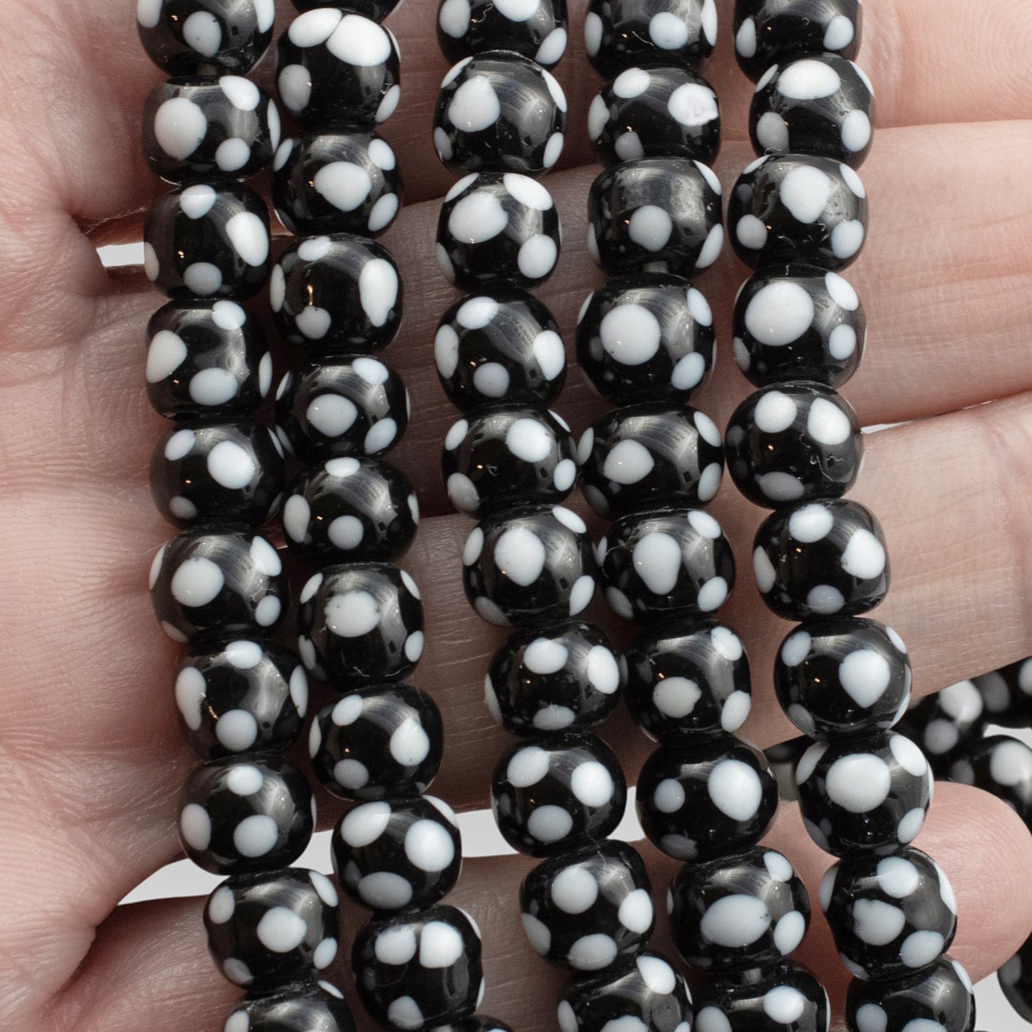 Black Glass Lampwork Beads with Light Gray Dots, Handmade Indonesian Beads, 6-8mm Round, 17" Strand 60-65 Beads