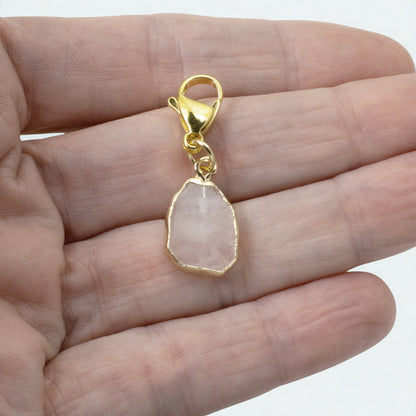 Rose Quartz Clip On Charm, Gold Edged Pink Crystal for Bag, Jewelry Accessory