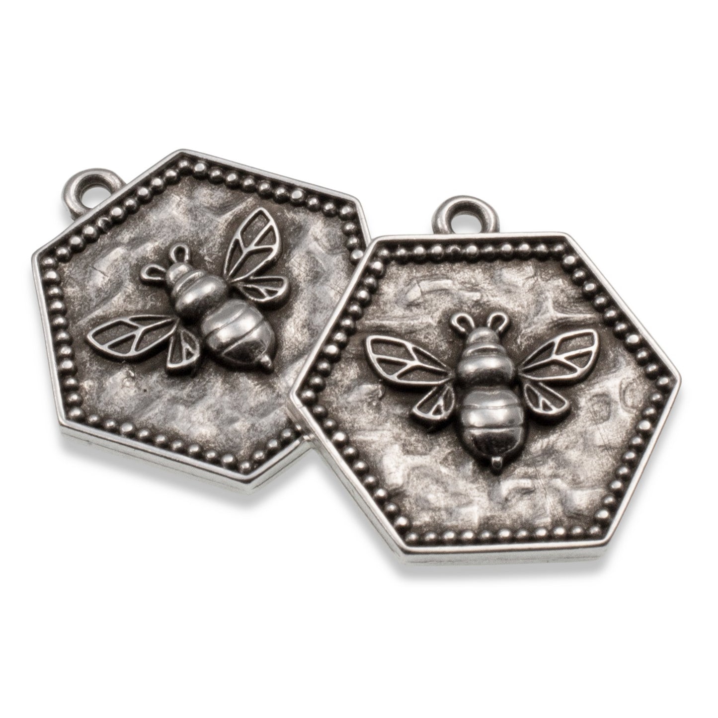 Silver Hexagon Bee Charm: 2Pc Medallion Pendants, Spring Garden Jewelry Making, Nature Earrings