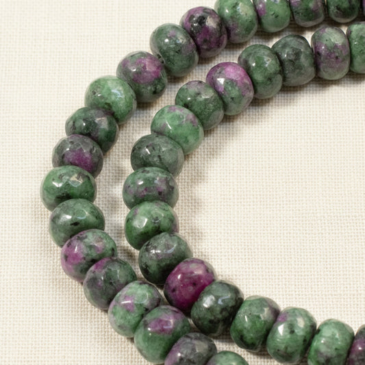 Ruby Zoisite Beads, Faceted Rondelle 5mm x 7.5mm, Green Pink Gemstone Strand, 75Pcs
