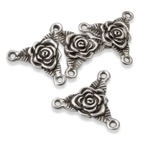 20 Silver Rose Trinity Links, TierraCast Designed Rosary Making Supplies