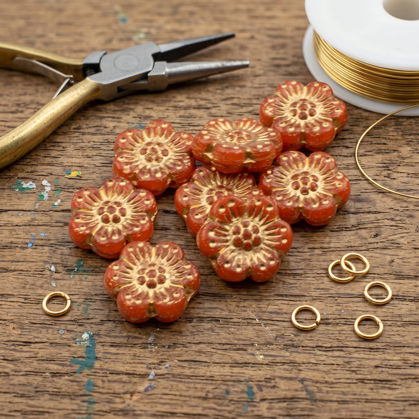 Wild Rose Czech Glass Beads, 8-Pack Burnt Orange Opaline Gold Wash, Flower Beads