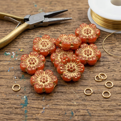 Wild Rose Czech Glass Beads, 8-Pack Burnt Orange Opaline Gold Wash, Flower Beads