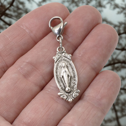 Miraculous Medal Clip On Charm: Silver Virgin Mary Catholic Jewelry Gift