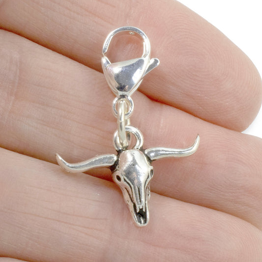 Western Longhorn Clip-On Charm, Silver Bull Steer Skull, Boho Country Jewelry