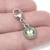 August Birthstone Clip-On Charm, Peridot Green Crystal with Clip-On Design and Lobster Clasp, Unique Present for Birthday, Small Gift Idea