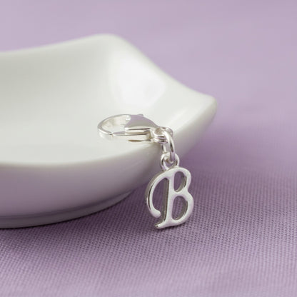 Silver Cursive Letter B Clip On Charm: Script Initial Dangle Lobster Clasp Personalized Journal Bracelet