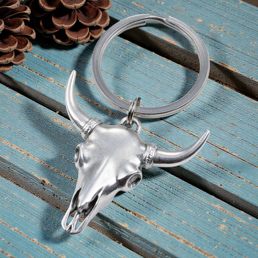 Cowgirl Keychain Western Steer Skull: Silver Longhorn Cowboy Ranch Pendant