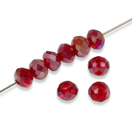 50 Festive Red Glass Beads, Faceted Rondelle + AB Finish for Handmade Jewelry