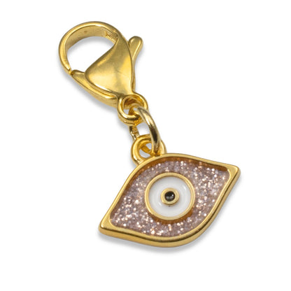 Gold Evil Eye Charm: 24K Gold Plated Pink Glitter Enamel Clip On Lobster Clasp Protection Symbol 1-1/8 Inch