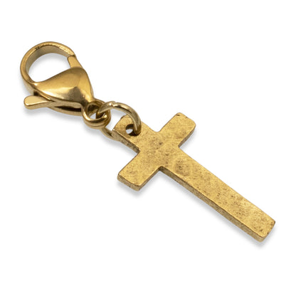 Gold Cross Clip-On Charm: 24k Plated Hammered Finish Religious Pendant Jewelry