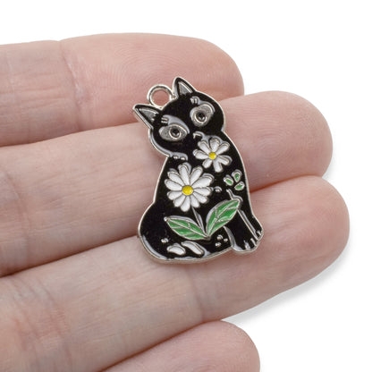 6 Whimsical Black Cat Charms - Daisy-Adorned Enamel Pendants - Cat Lover Gift