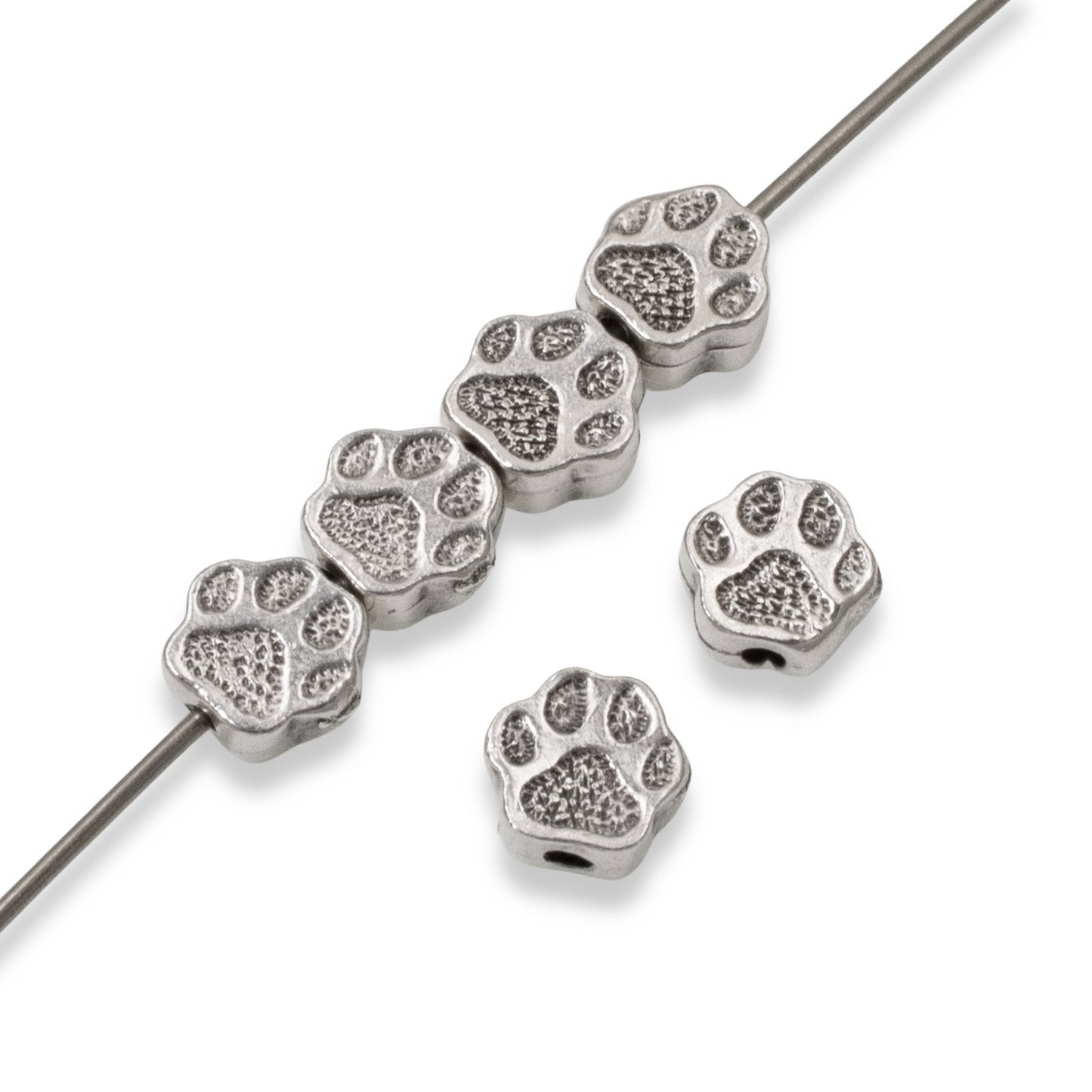 10 Silver Paw Print Beads, TierraCast Designed - Dog Pet-Themed Jewelry Crafting