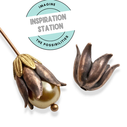 Curled Petal Bead Caps 8mm Antique Copper-Plated Pewter: Dimensional Metal Findings USA Made 4-Pack