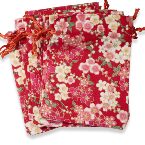 10 Red Floral Fabric Drawstring Bags - Pouches for Jewelry - Party Gift Bags