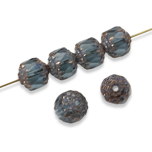 12 Faceted 8mm Crown Cathedral Beads - Montana Blue + Bronze Ends - Czech Glass