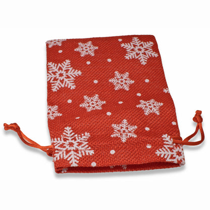 5 Red + White Snowflake Fabric Drawstring Bags, Christmas Cloth Pouches