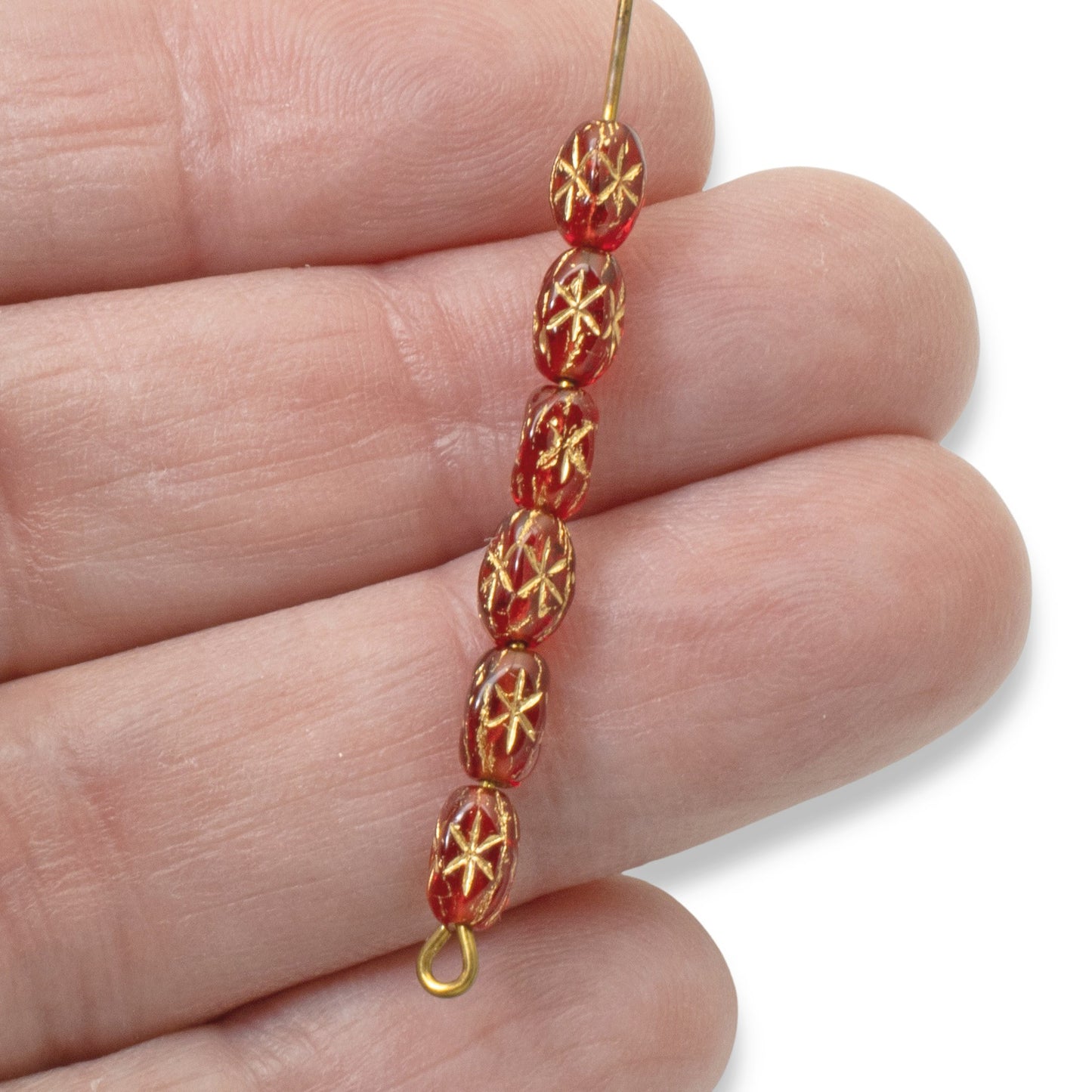 Red Rice Beads Gold Star, 50-Pack Czech Glass Christmas Holiday Jewelry